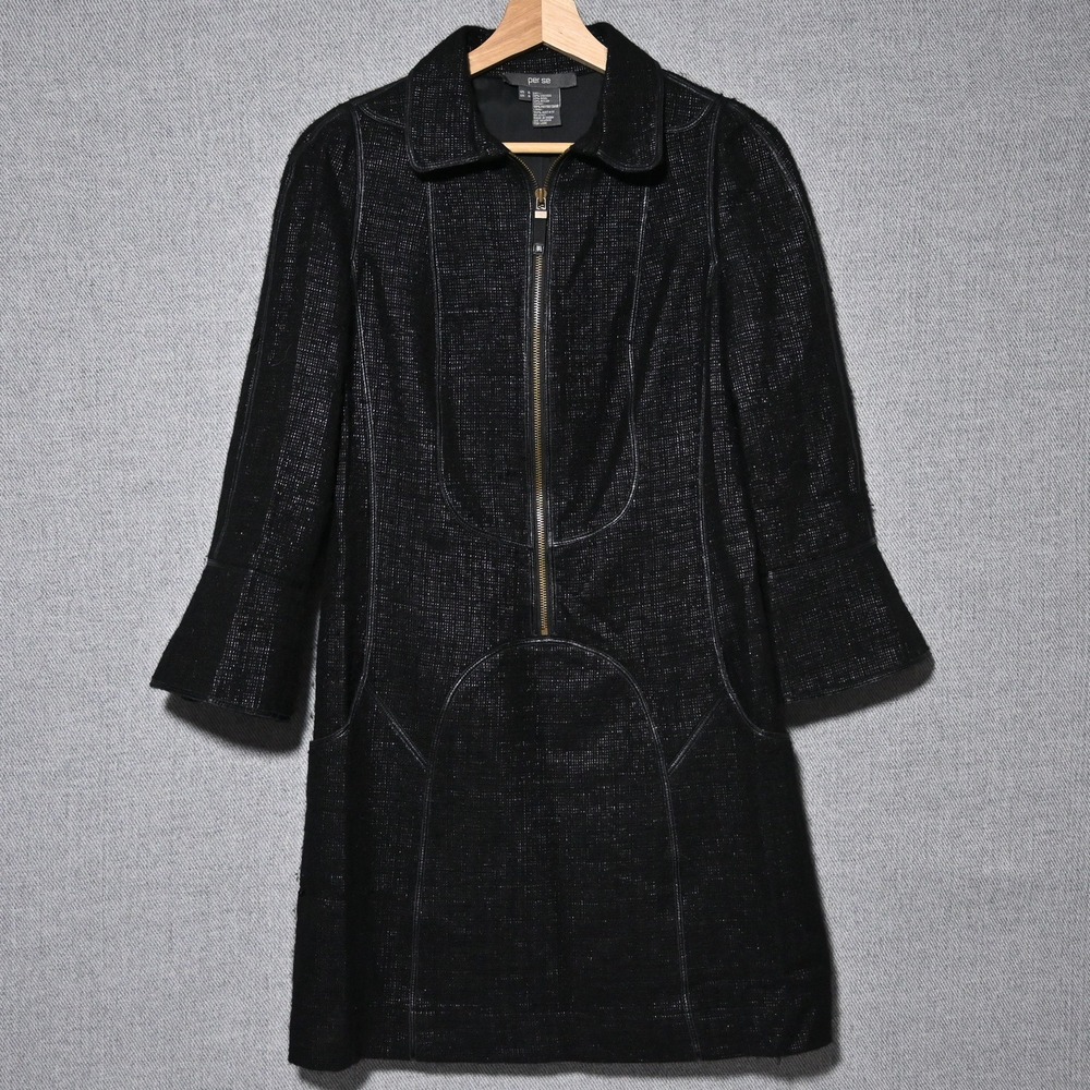 Per Se Zip Front Shift Dress Womens Wool Blend Faux Leather Trim Size 6 Black